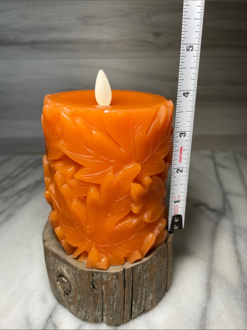 NIB- Luminara Embossed Real Wax Flameless LED Pillar Candle, Leaves, Orange - Picture 5 of 10